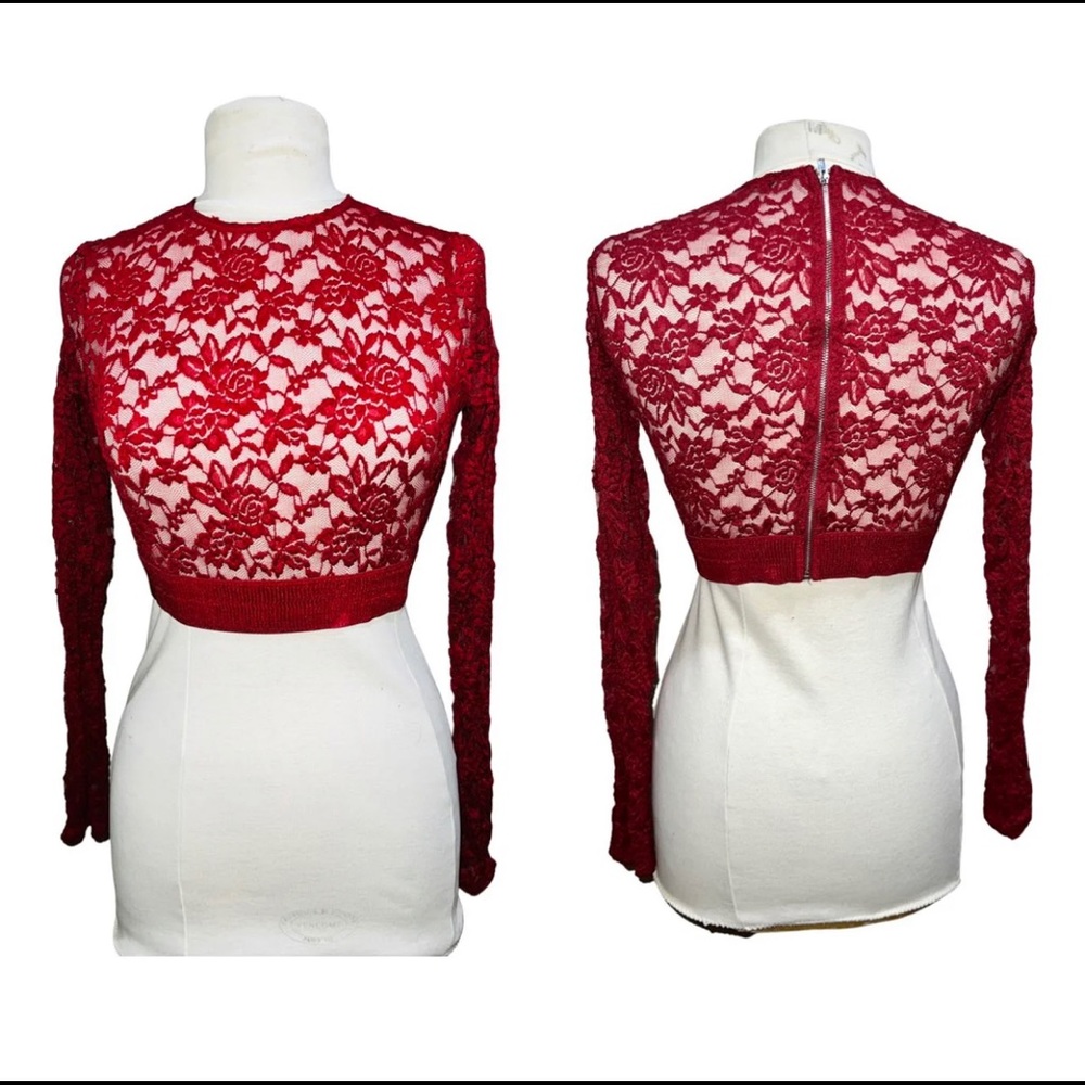 Lace crochet see through zipper back crop top blouse long sleeve red color small